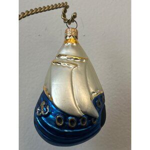 Czech Republic Blown Glass Sailboat Christmas Ornament Blue and Silver Nautical